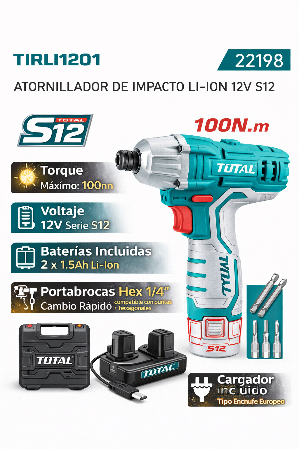 Atornillador de Impacto TOTAL S12 Li-Ion 12V 100Nm 2x1.5Ah con Maletín